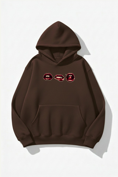 Unisex Yumuşak Dokulu 3'Lü Dudak Baskılı Tasarım Oversize 3 İplik Hoodie Sweatshirt