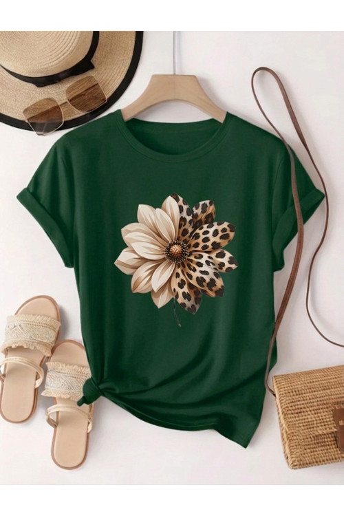 Unisex Leopar Desenli Papatya Baskılı Tasarım Tshirt
