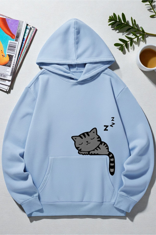 Unisex Uyuyan Kedi Baskılı Kapüşonlu Sweatshirt