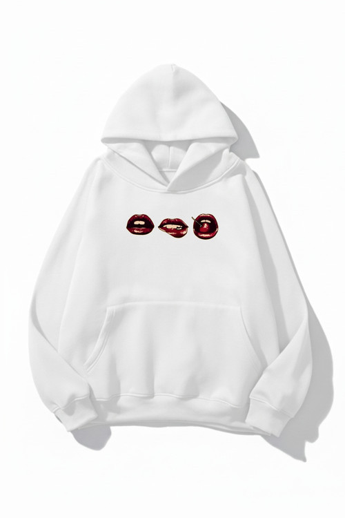 Unisex Yumuşak Dokulu 3'Lü Dudak Baskılı Tasarım Oversize 3 İplik Hoodie Sweatshirt