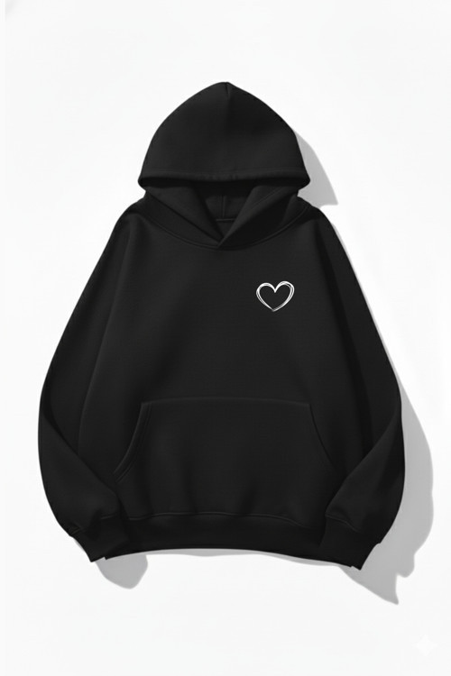 Unisex Yumuşak Dokulu Cep Kalp Baskılı Tasarım Oversize 3 İplik Hoodie Sweatshirt