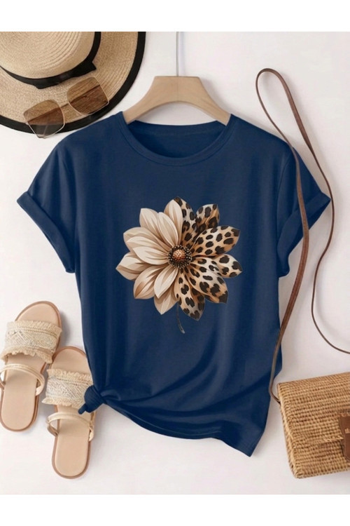 Unisex Leopar Desenli Papatya Baskılı Tasarım Tshirt