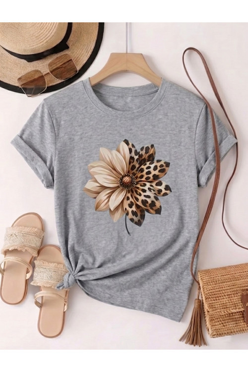 Unisex Leopar Desenli Papatya Baskılı Tasarım Tshirt