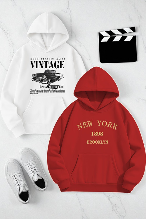 Unisex Tasarım Baskılı Kapüşonlu Sweatshirt 2'Li Fırsat Paketi
