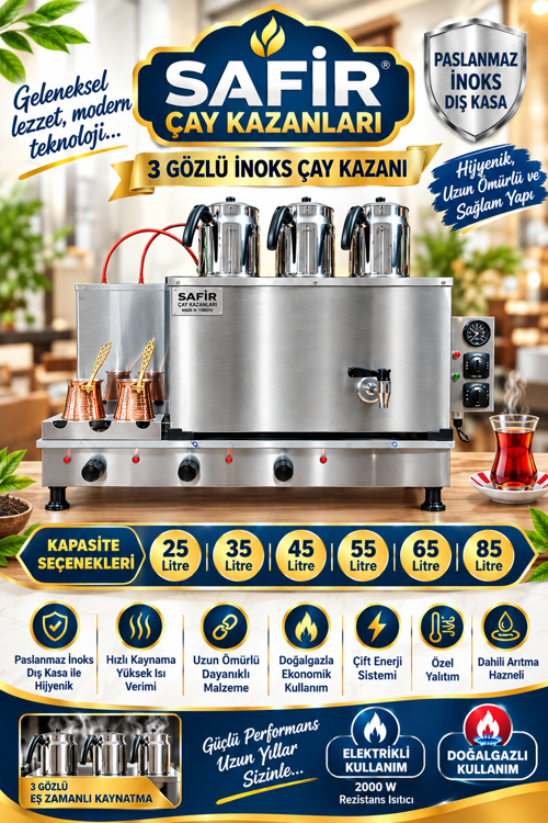 SAFİR 3 GÖZLÜ İNOKS ÇAY OCAĞI KAZANI INOX ÇAY KAZANI ELEKTİRİK + DOĞALGAZLI CE BELGELİ İNOKS ÇAY SEMAVERİ
