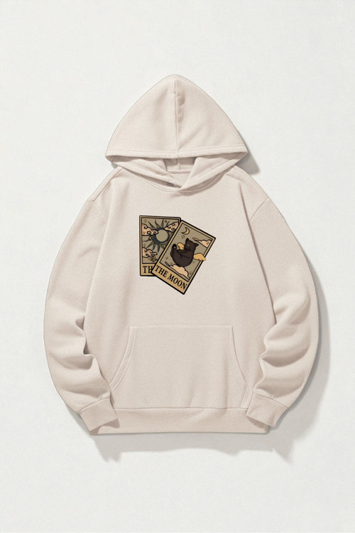 Unisex The Moon Tarot Kart Tasarım Baskılı Kapüşonlu Sweatshirt
