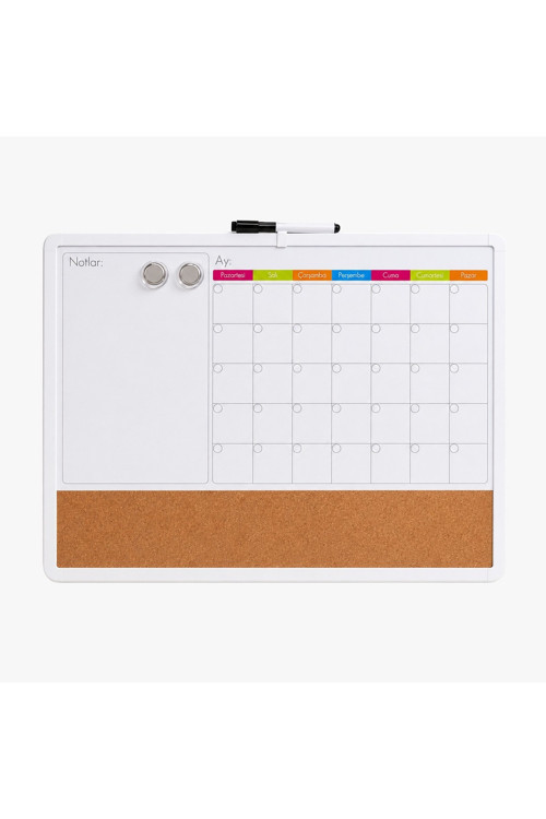 Ofisall 3'ü 1 Arada Manyetik Takvimli Mantar Pano ve Yazı Tahtası 43x58.5 cm + Kalem, Magnet, Sticker Seti