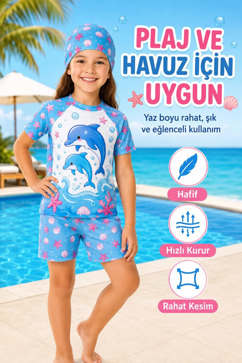 Kız Çocuk Yunus Desenli 3’lü Plaj Takımı Şortlu Mayo Seti Bone Dahil