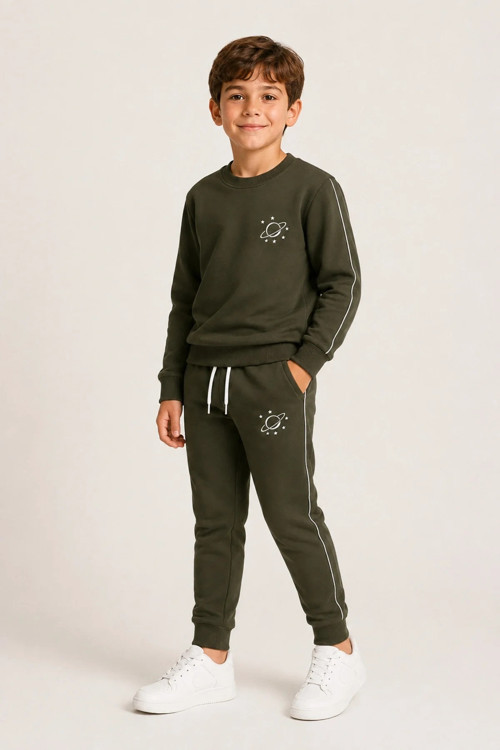 Erkek Çocuk Haki Gezegen Baskılı Beyaz Biyeli Sweatshirt Jogger Eşofman Takımı