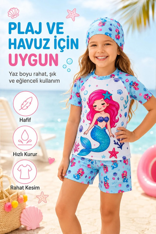 Kız Çocuk 3’lü Plaj Takımı Deniz Kızı Desenli Mayo Seti Bone Şortlu