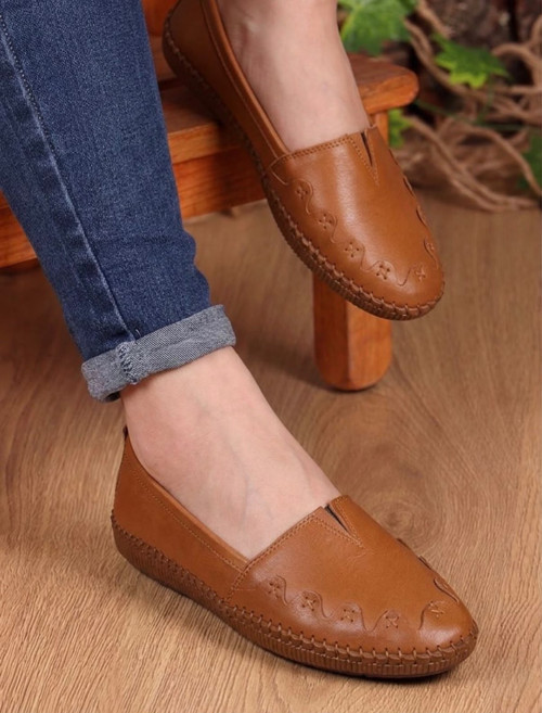 Hakiki Deri Taba Kadın Babet Ortopedik Taban Düz Motifli Slip-On Comfort Ayakkabı