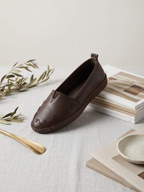 Hakiki Deri Acı Kahve Kadın Babet Ortopedik Taban Düz Motifli Slip-On Comfort Ayakkabı