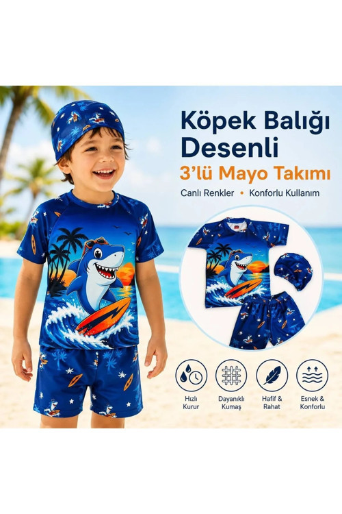 Erkek Çocuk Köpek Balığı Desenli 3’lü Mayo Takımı Deniz Şortu Tişört Bone Seti