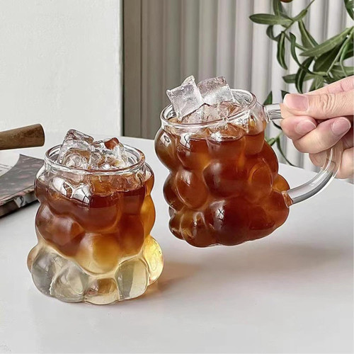 ® 2 Adet Kulplu Boncuk Şekilli Cam Bardak – 350ml Borosilikat Üzüm Kabarcıklı Tasarım | Isıya ve
