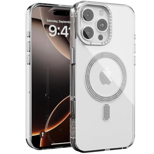 RUCHI iPhone 15 Pro ile Uyumlu Şeffaf Taşlı Mag-Safe Kılıf – Sert Mika Sararmaz Kılıf, N52 Güçl