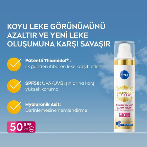 NIVEA Luminous630 Leke Karşıtı Gündüz Bakım Kremi 40ml, SPF50 Yüksek Güneş Koruyucu, Hyaluronik Asit, E vitamini, Hassas Cilt, Yüz Güneş Koruyucu, Koyu Leke, Güneş Lekesi Karşıtı