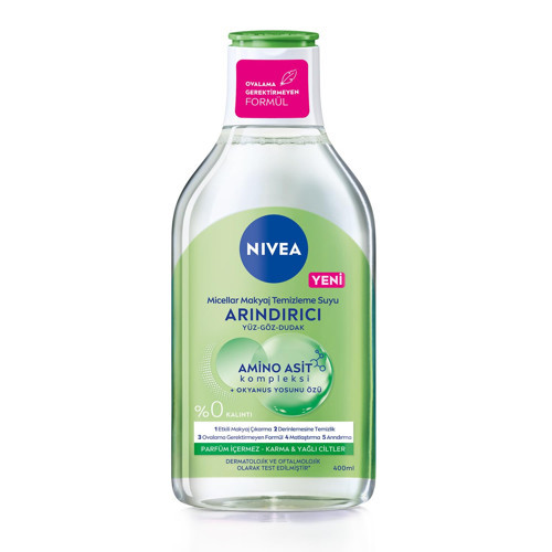 NIVEA Micellar Makyaj Temizleme Suyu Arındırıcı ve Matlaştırıcı 400 ml, Yüz, Göz ve Dudak Temizleyici, Amino Asit Kompleksi ve Okyanus Yosunu Özü