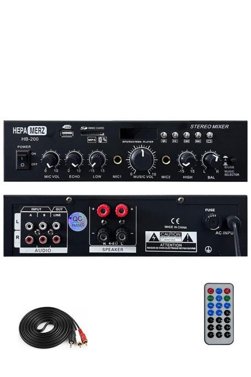 HB-200 Stereo Mixer Amfi 4-8 Ohm 2 Çıkışlı 2x100W Anfi Bluetooth Usb