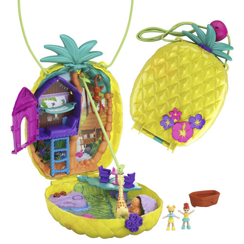 Tropikal Eğlence giyilebilir kompakt ananas çanta, 8 eğlenceli özellik içeren kompakt set, minik Polly ve Lila bebekler, 2 aksesuar ve çıkartma sayfası; 4 yaş ve üzeri için, GKJ64