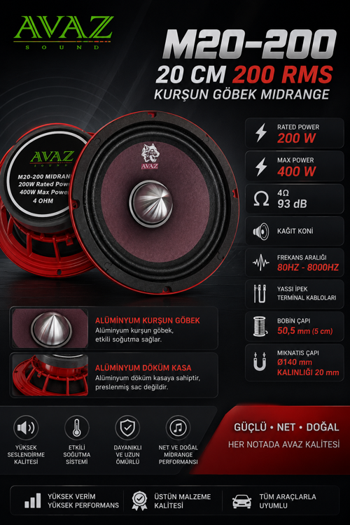 20 cm 200 Rms Midrange AVAZ M20-200