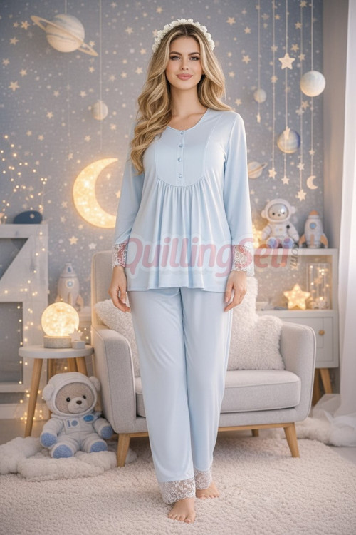 Bebe Mavi Renkli, Dantel Detaylı, 33204 Uzun Kol, 2 Parça Lohusa Hamile Pijama Takımı