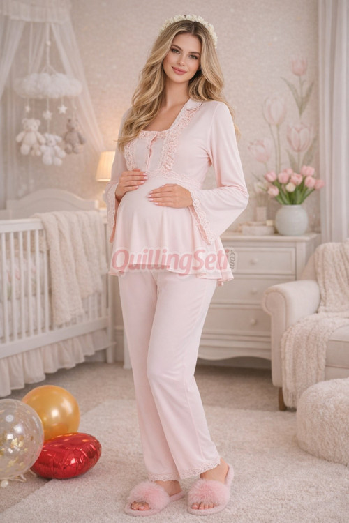 Bebe Pembe Renkli Dantel Detaylı, 33205 Uzun Kol, 2 Parça Lohusa Hamile Pijama Takımı