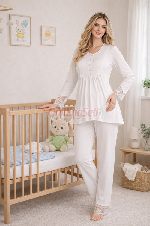 Beyaz Renkli, Dantel Detaylı, 33204 Uzun Kol, 2 Parça Lohusa Hamile Pijama Takımı