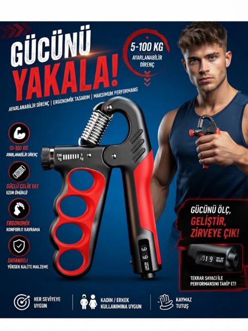 Parmak Geçmeli Profesyonel El Bilek ve Kol Güçlendirici 5-100kg Ayarlanabilir El Yayı