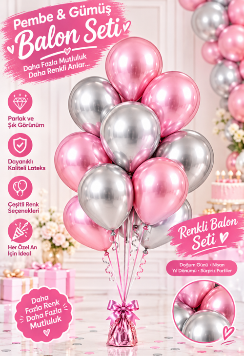 10 Adet Pembe Gümüş Balon Seti – 12 inç | Parlak ve Göz Alıcı Parti Balonları