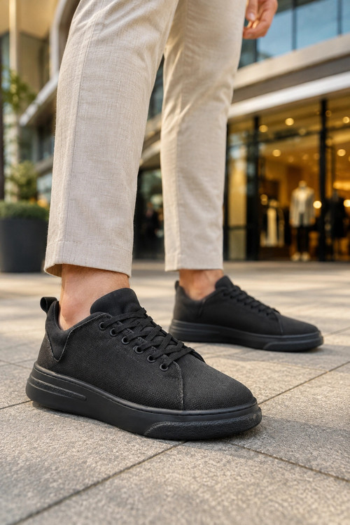 Ont Bağcıklı Keten Dokulu Hafif Taban Erkek Günlük Casual Sneaker Ayakkabı - Siyah