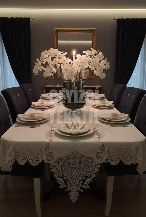 Salkım Masa Örtüsü 12 Kişilik Linen Kumas Sofra Takımı