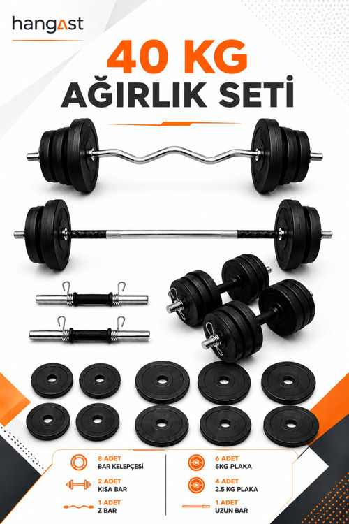 40 Kg Z Barlı Halter Seti ve Dambıl Seti Ağırlık Fitness Vücut Geliştirme Seti Antreman Seti
