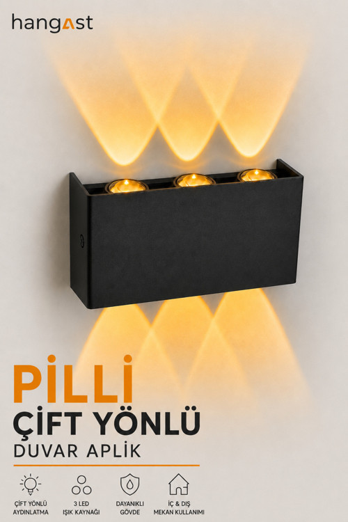 PİLLİ AMBER 3 LED Dekoratif Duvar Apliği | Çift Yönlü Yukarı Aşağı Aydınlatma | İç & Dış Mekan Duvar Lambası
