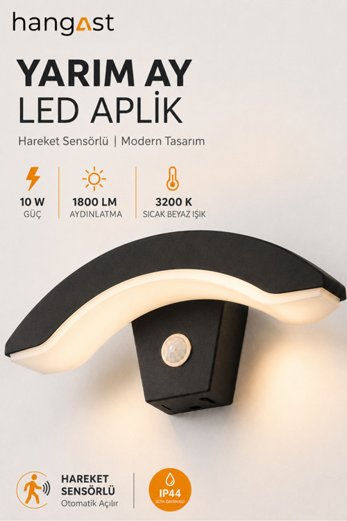 Sensörlü Yarım Ay LED Aplik 24W 1800 LM 3200K Sıcak Beyaz Hareket Sensörlü | Duvar Lambası
