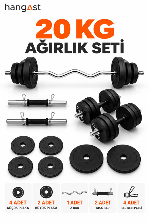 20 KG Ağırlık Seti Dambıl Halter Seti Z Bar Uzun Bar Kısa Bar Plaka Seti Fitness Evde Spor Seti