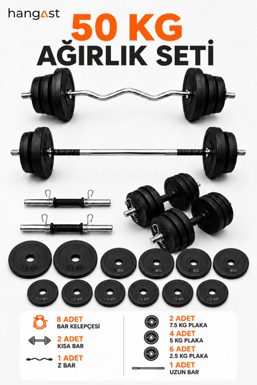 50 KG Ağırlık Seti Dambıl Halter Seti Düz Bar |Z Bar Uzun Bar Kısa Bar Ağırlık Plakası Fitness Seti