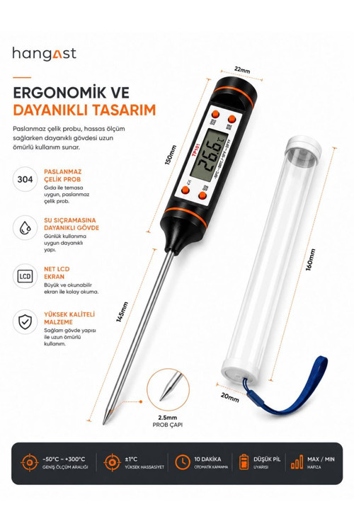 Dijital Gıda Termometresi Paslanmaz Çelik Prob LCD Ekranlı Mutfak Et Fırın BBQ Sıvı Sıcaklık Ölçer -50°C / +300°C