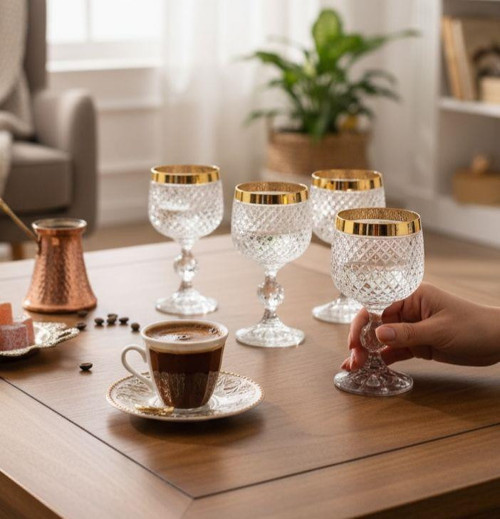 6'lı Kristal El Yapımı Kesme Kahve Yanı Kadeh
