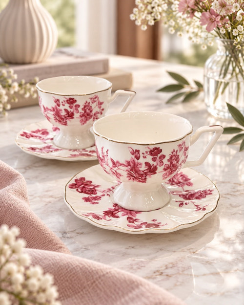 2 Kişilik Vintage Pink Kahve Fincanı Seti