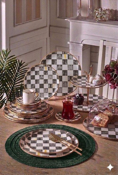 34 Parça Bella Chess Füme Yaldızlı 6 Kişilik Pasta Çay Servis İkram Takımı