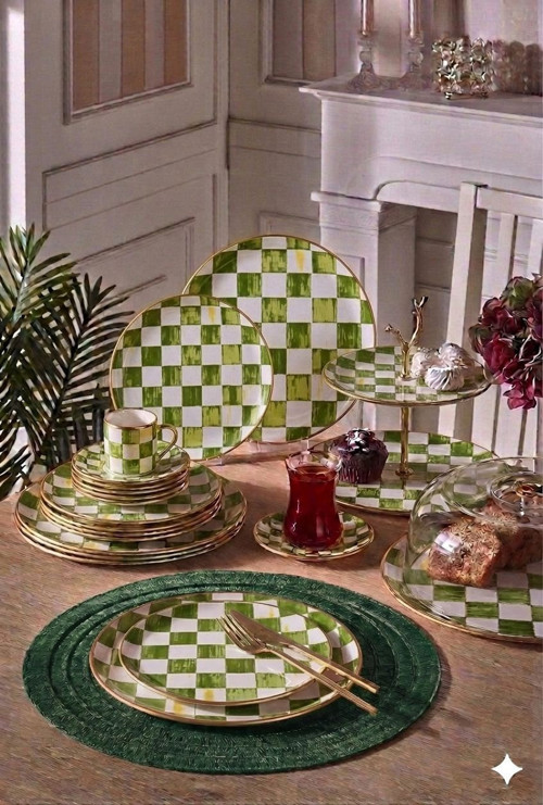 34 Parça Bella Chess Yeşil Yaldızlı 6 Kişilik Pasta Çay Servis İkram Takımı