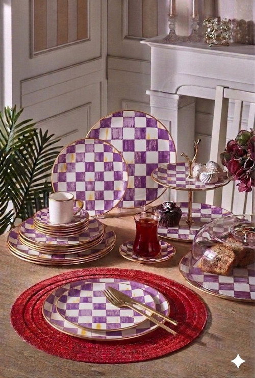 34 Parça Bella Chess Mor Yaldızlı 6 Kişilik Pasta Çay Servis İkram Takımı