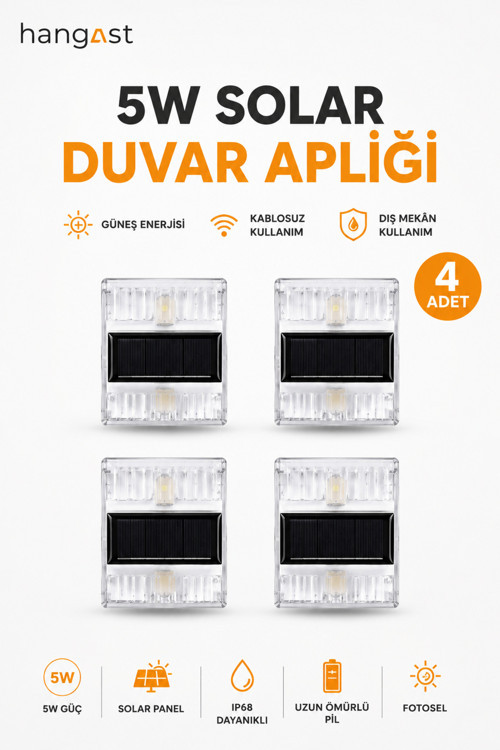 FL-3263 5W Solar Duvar Apliği 4'lü Set IP68 Güneş Enerjili Dış Mekan Aydınlatma