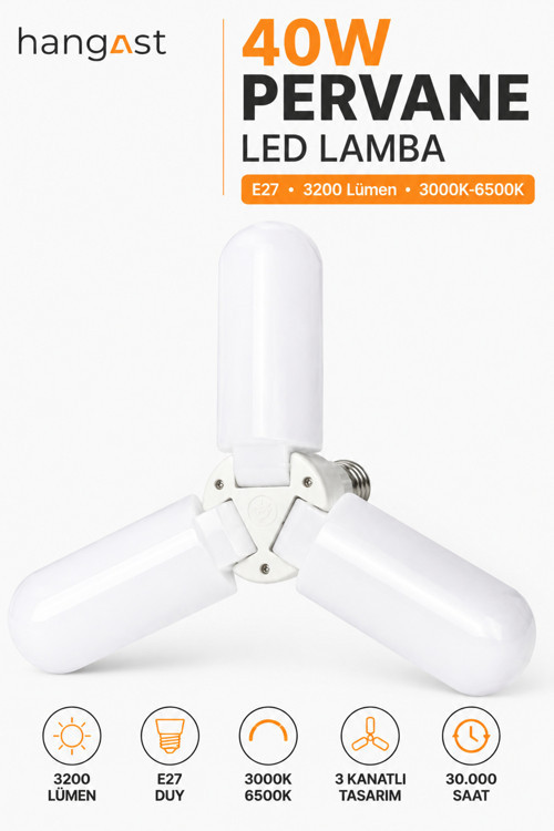 40W 3 Kanatlı LED Ampul E27 Duy Katlanabilir LED Lamba 3200 Lümen Geniş Alan Aydınlatma