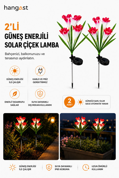 2'li Solar Çiçek Bahçe Aydınlatması 76 cm Dekoratif Güneş Enerjili LED Lamba