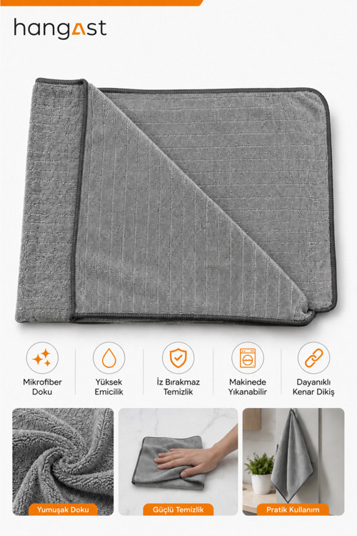 Premium Mikrofiber Temizlik Bezi 50x70 cm | İz Bırakmayan Çok Amaçlı Cam, Araç, Mutfak, Banyo, Ekran Temizlik Bezi Gri