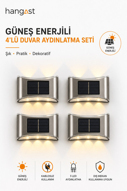 4’lü Güneş Enerjili Solar Duvar Apliği 3 LED 5 W Dış Mekan Bahçe Duvar Lambası