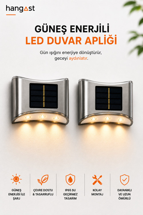 2’lİ Güneş Enerjili Solar Duvar Apliği 3 LED Dış Mekan Bahçe Duvar Lambası