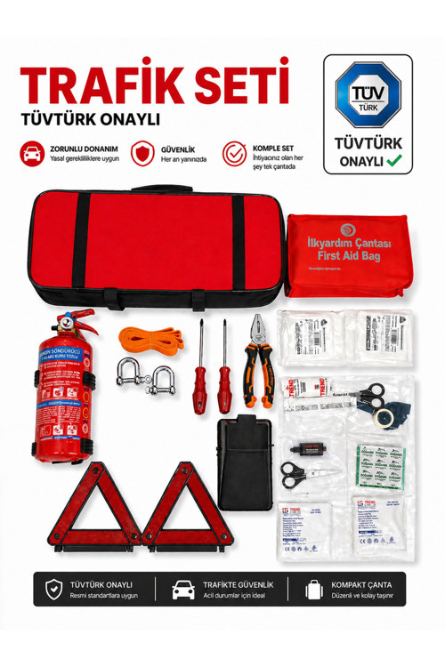 ARAÇ TRAFİK GÜVENLİK SETİ | 1 KG YANGIN SÖNÜRÜCÜ+İL YARDIM+REFLEKTÖR+ÇEKME HALATI+PENSE+TORNAVİDA