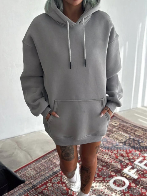 Kadın Kapüşonlu Kanguru Cepli 3 İplik Pamuklu Oversize Hoodie Sweatshirt - Boyalı Gri